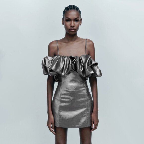 NWT Zara metallic silver shine effect voluminous ruffle detail mini dress, M - Picture 1 of 10